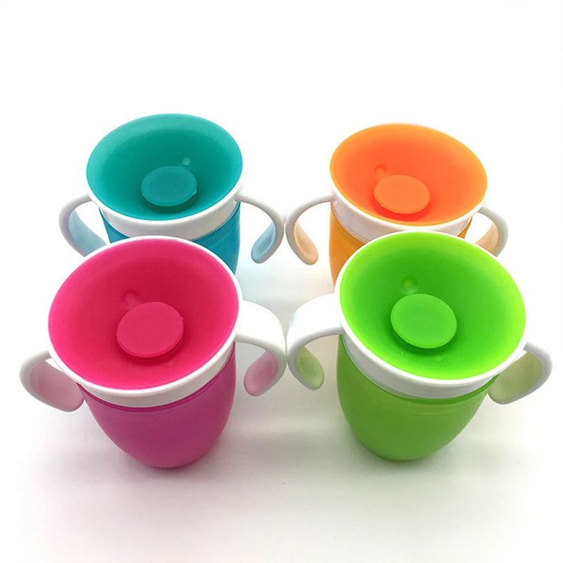 Copos de água para bebês com rotação de 360º, copo para aprender a beber com alça dupla, tampa flip à prova de vazamento, garrafa de água para bebês