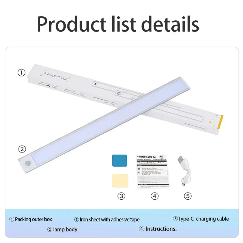 Luz noturna LED sem fio com sensor de movimento, Lâmpada para Armário, USB, 20 cm, 30 cm, 40 cm, 60cm