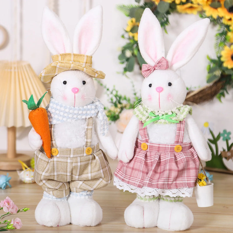 Coelho Decorativo de Páscoa – Pernas Retráteis, Estilo Cartoon, Casal de Coelhinhos com Roupas
