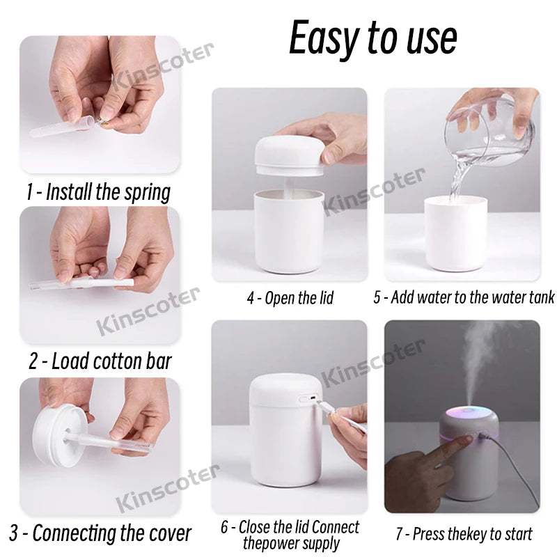 Mini Umidificador de Ar Portátil, Difusor de Aroma USB, Névoa para Quarto, Casa, Carro, Purificador de Plantas, 300ml