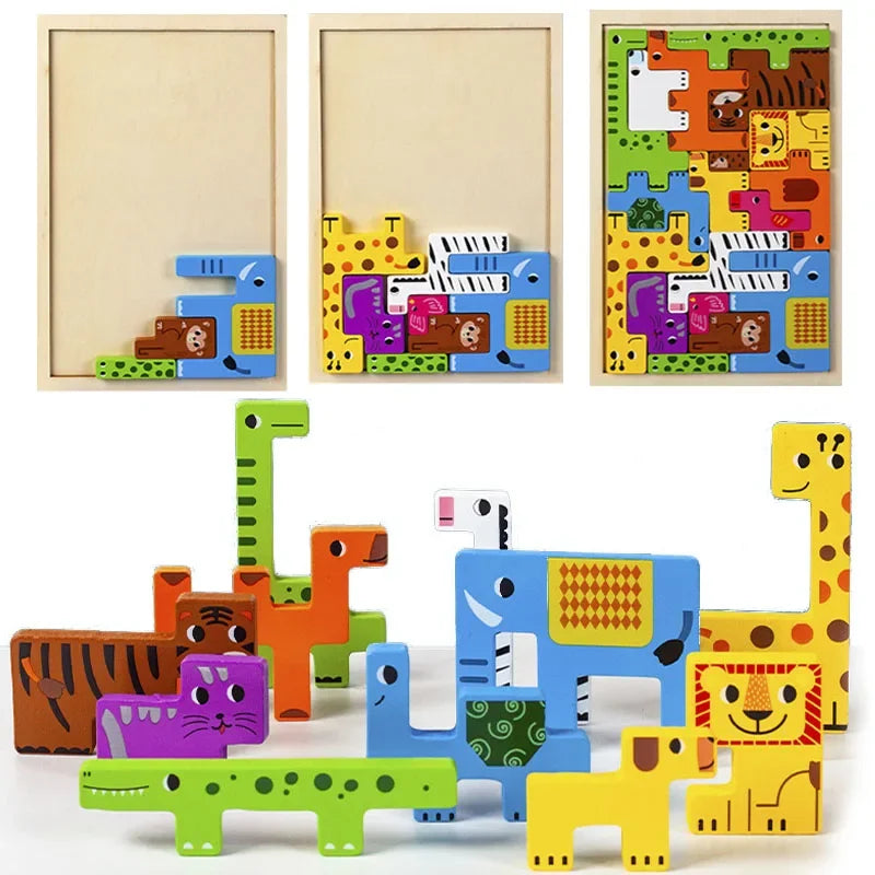Jogo de madeira Tangram Math Cube para crianças, 3D Cartoon Puzzle, formas de imaginação, brinquedo educativo para crianças, pré-escolar, novo