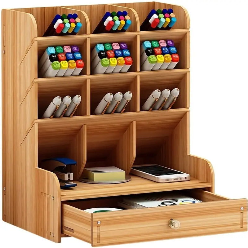 Organizador de mesa de madeira multi-funcional  caneta titular caixa de armazenamento desktop rack de armazenamento estacionário para escritório em casa e escola