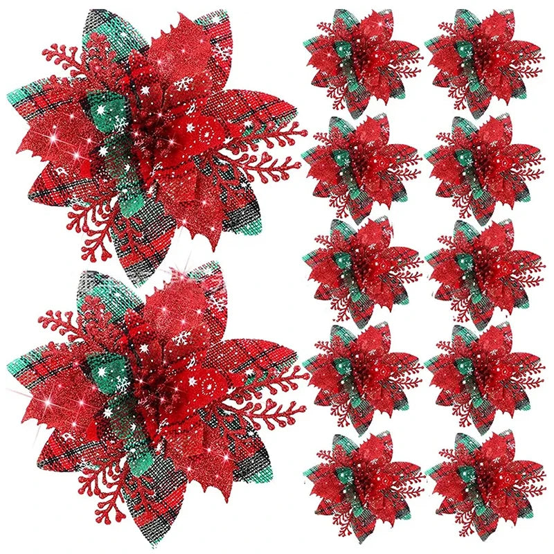 Flores de Natal com Glitter 14cm – Enfeites Artificiais para Árvore, Conjunto com 5/10 Peças