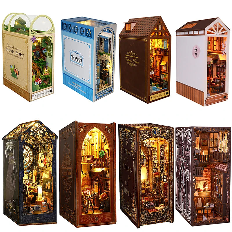Casa de bonecas em miniatura com luz LED, Modelo 3D, Miniatura decorativa de madeira para estantes, Presente de aniversário