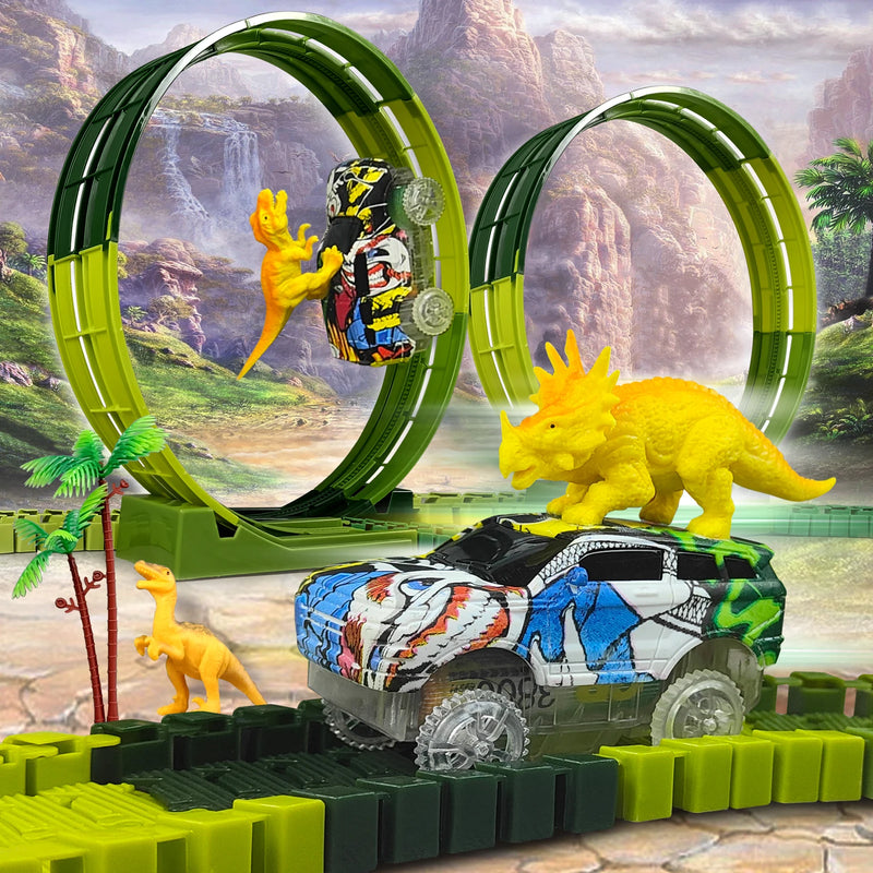 Conjunto de carro de brinquedo dinossauro elétrico mágico para crianças, pista de corrida ferroviária, conjunto de carro, luz flash flexível, alta qualidade