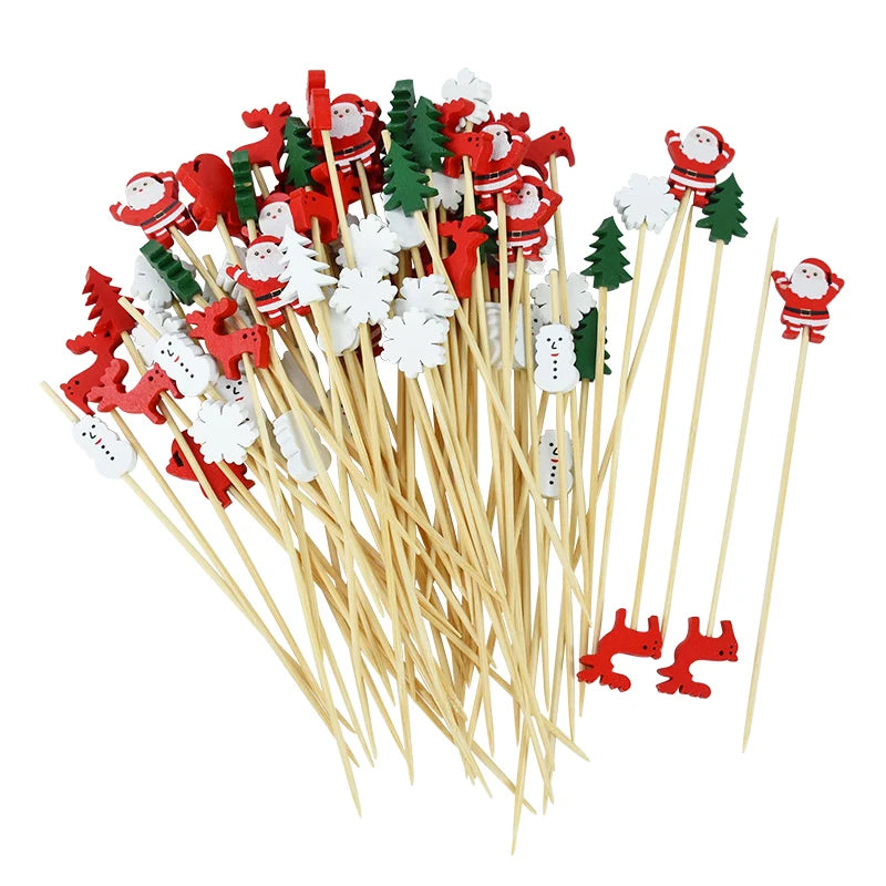 50 Palitos de Bambu Natalinos – Palitos Decorativos de Papai Noel para Doces, Buffet, Salada de Frutas e Decoração de Festas de Natal e Ano Novo