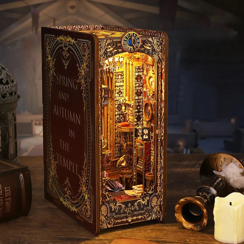 Casa de bonecas em miniatura com luz LED, Modelo 3D, Miniatura decorativa de madeira para estantes, Presente de aniversário