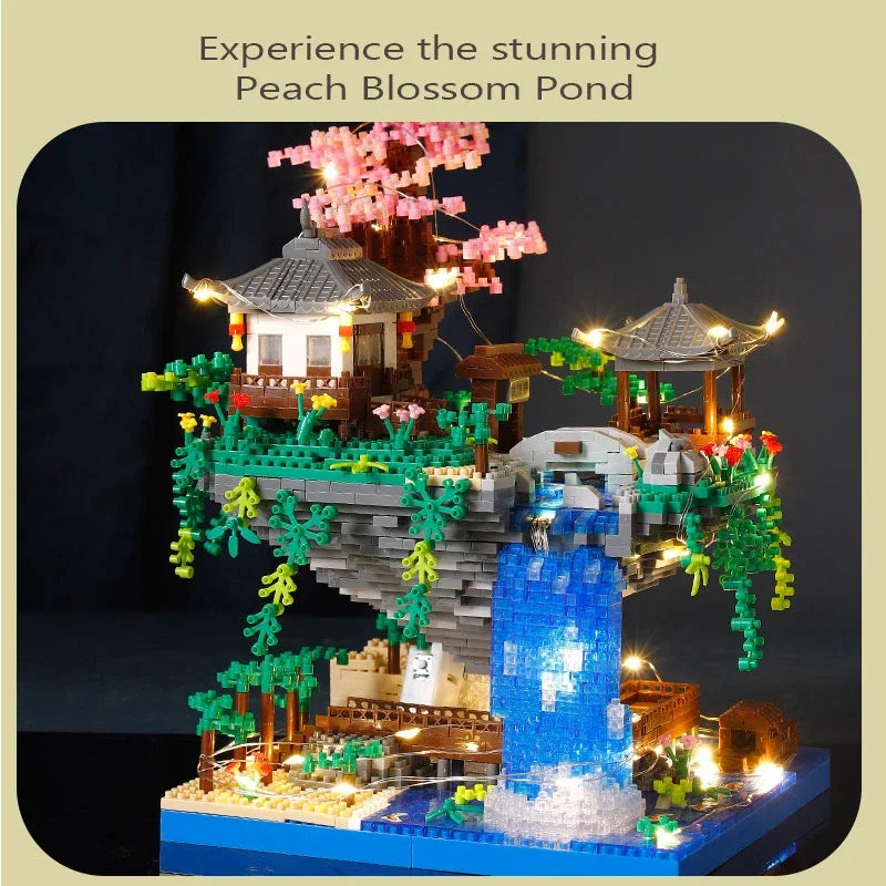 Brinquedo de montagem de bloco de construção feminino, flor de pêssego, lagoa, castelo, infantil, arquitetura antiga, alta dificuldade