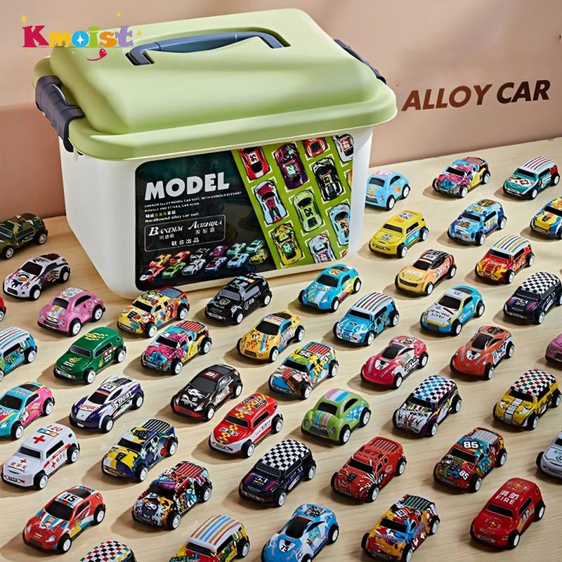 Conjunto de mini modelo de carro em liga metálica com caixa de armazenamento, carros fundidos, brinquedos para meninos, veículo de inércia deslizante, kit de brinquedos infantis