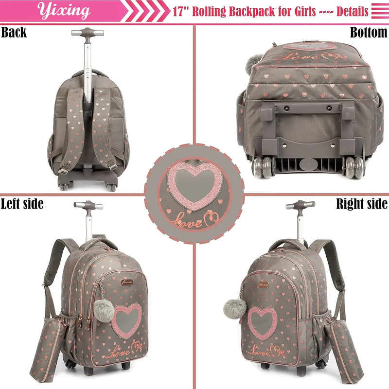 Conjunto de Mochila Escolar com Rodinhas para Meninas