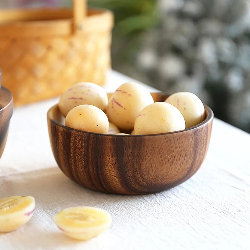 Tigela de madeira de acácia estilo japonês, utensílios de mesa de madeira para uso doméstico e bacia, prato de frutas, salada, tigela inteira de sopa de madeira