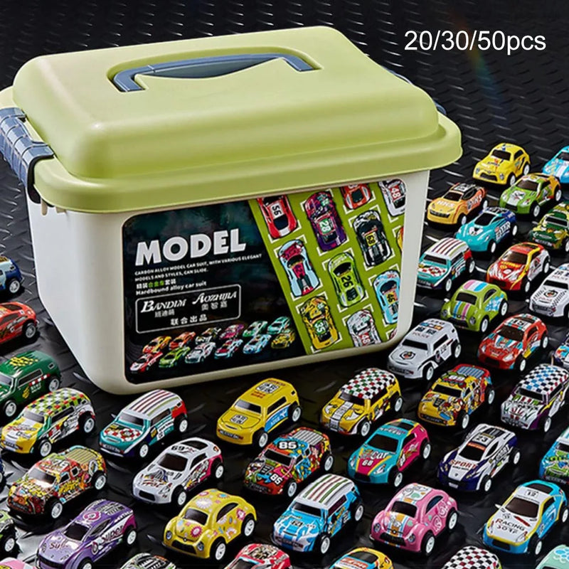 Conjunto de mini modelo de carro em liga metálica com caixa de armazenamento, carros fundidos, brinquedos para meninos, veículo de inércia deslizante, kit de brinquedos infantis