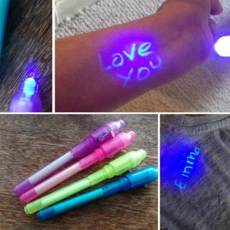 Conjunto com 4 Canetas Luminosas - Caneta Mágica Roxa 2 em 1 com Luz UV e Tinta Invisível, Brinquedo Educativo para Crianças, Ideal para Aprender e Desenhar