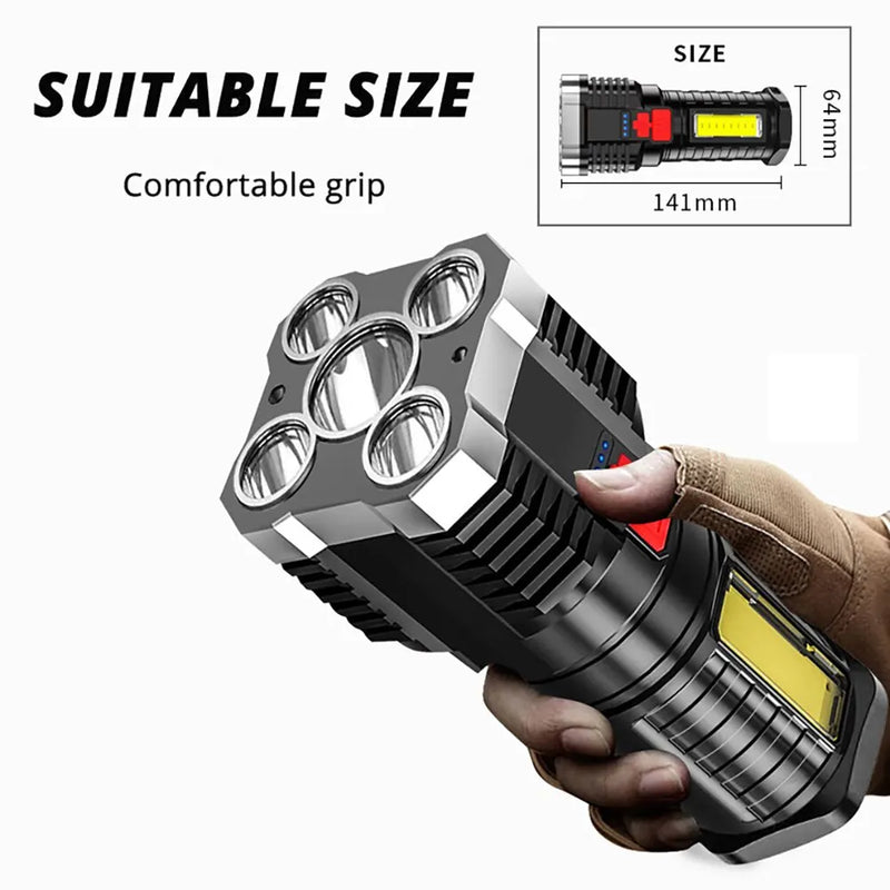 Lanterna LED de Alta Potência 5LED Recarregável, com Luz Lateral, 3 Modos de Iluminação, para Camping / Aventura Ao Ar Livre