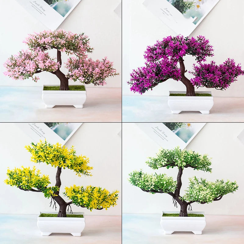 Árvore pequena artificial, bonsai, decoração, planta, flores, ornamentos