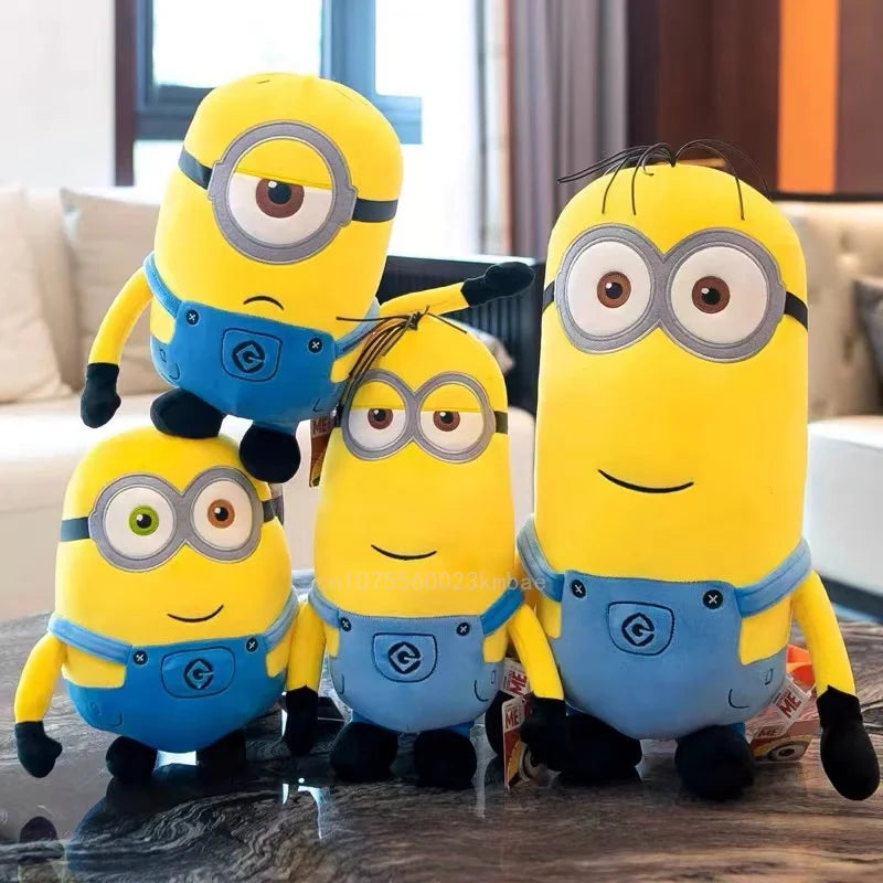 Minions filme periferia amarelo pelúcia bob stuart brinquedos de pelúcia em jeans bonecas macias travesseiro decoração crianças presente aniversário