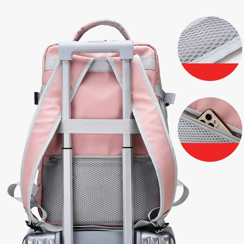 Mochila de viagem feminina, grande capacidade, à prova d'água, antifurto, casual, com alça de bagagem e porta de carregamento USB