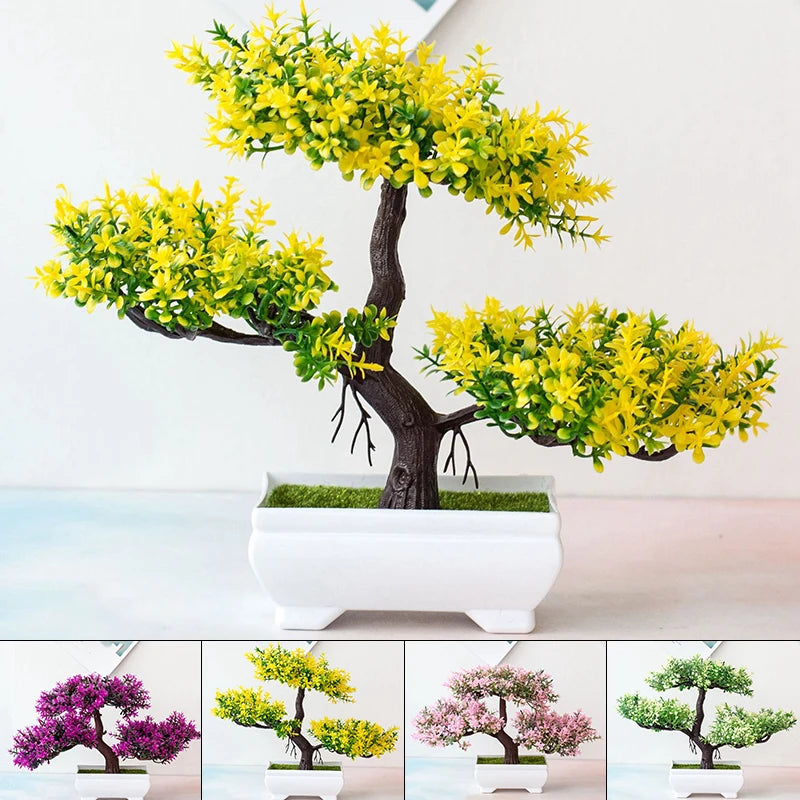 Árvore pequena artificial, bonsai, decoração, planta, flores, ornamentos