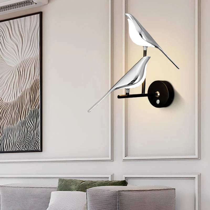 Luzes de parede LED de pássaro prateado, rotação 360°, interior, lâmpadas de parede LED para quarto, corredor, AC85-265V