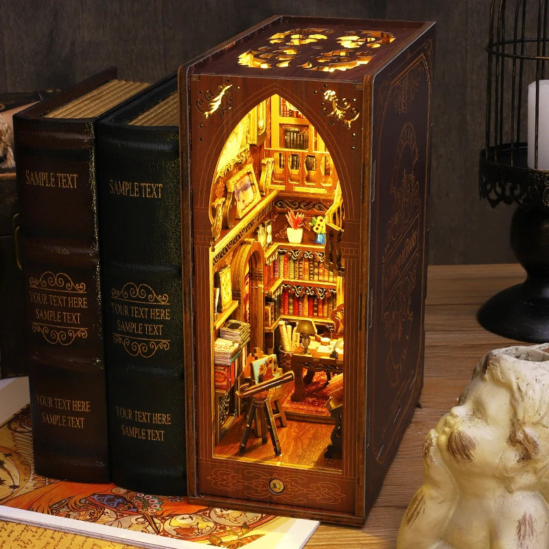 Casa de bonecas em miniatura com luz LED, Modelo 3D, Miniatura decorativa de madeira para estantes, Presente de aniversário