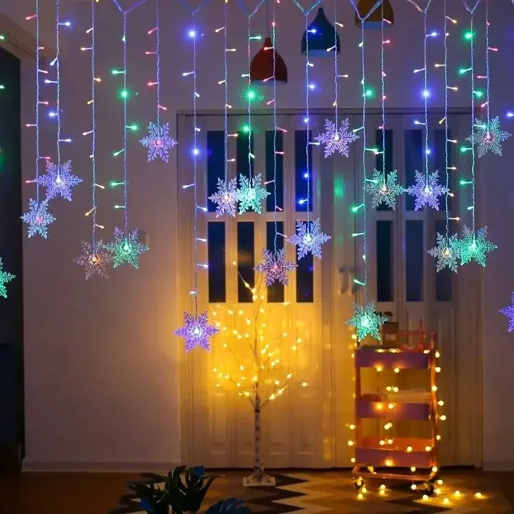 Luzes de Natal LED 3,5M - Cordão de Fadas com Flocos de Neve, Cortina e Festão à Prova d'Água para Festas e Decoração de Natal 2024