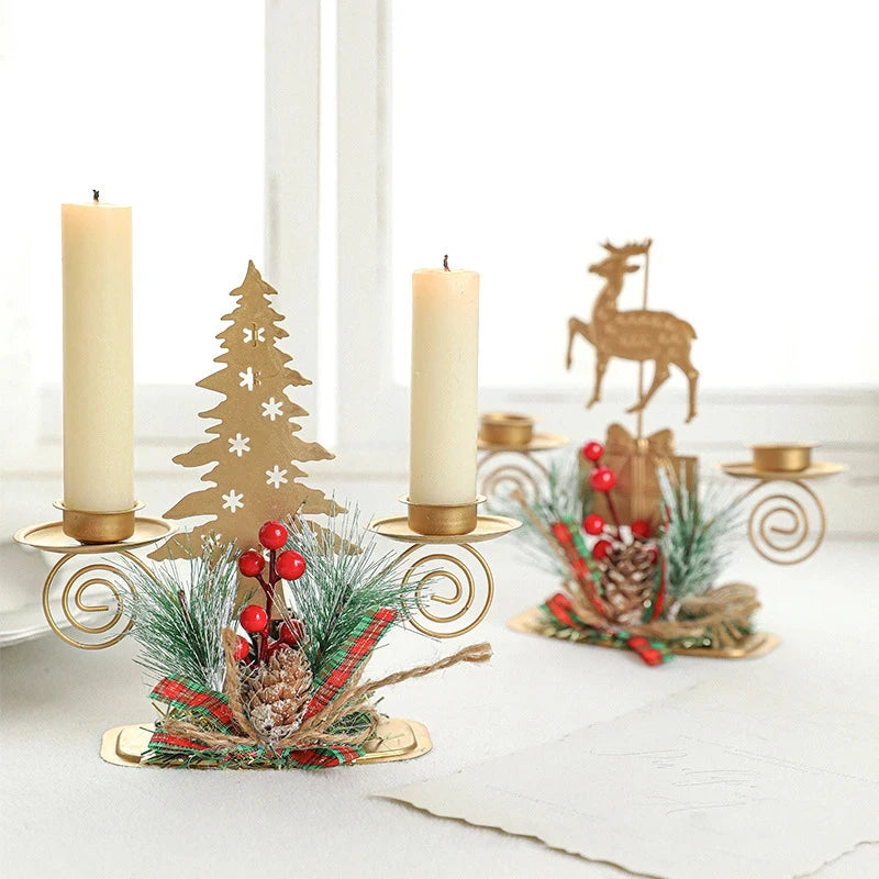 Suporte para Velas de Natal – Porta-Velas em Forma de Papai Noel, Rena e Árvore em Ferro Dourado para Decoração de Mesa