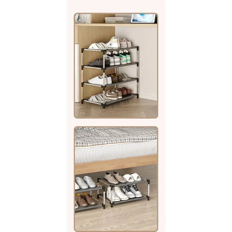 Sapateira de metal elegante, organizador simples de calçados, suporte que economiza espaço, prateleira preta para sala de estar