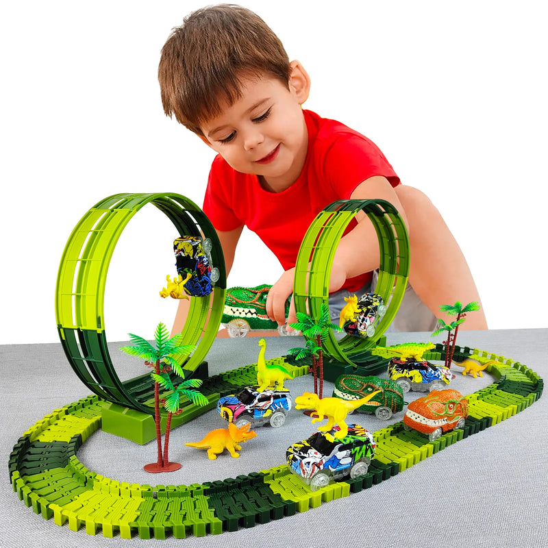 Conjunto de carro de brinquedo dinossauro elétrico mágico para crianças, pista de corrida ferroviária, conjunto de carro, luz flash flexível, alta qualidade