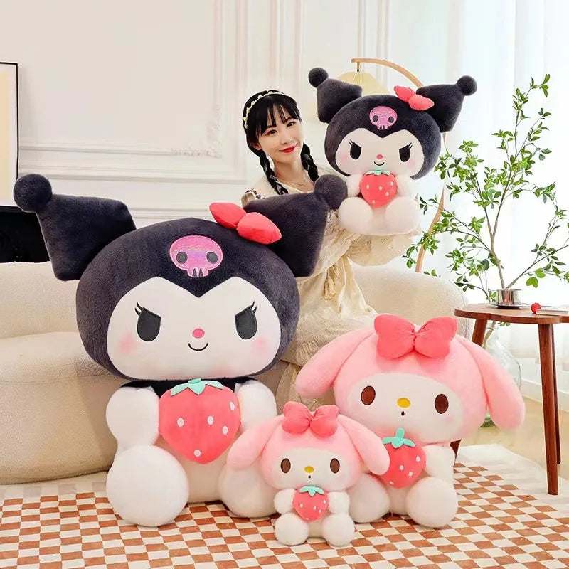 Sanrio morango Kuromi travesseiro de pelúcia para meninas, brinquedos de pelúcia macia, boneca Melody, presente, 22 cm, 35cm
