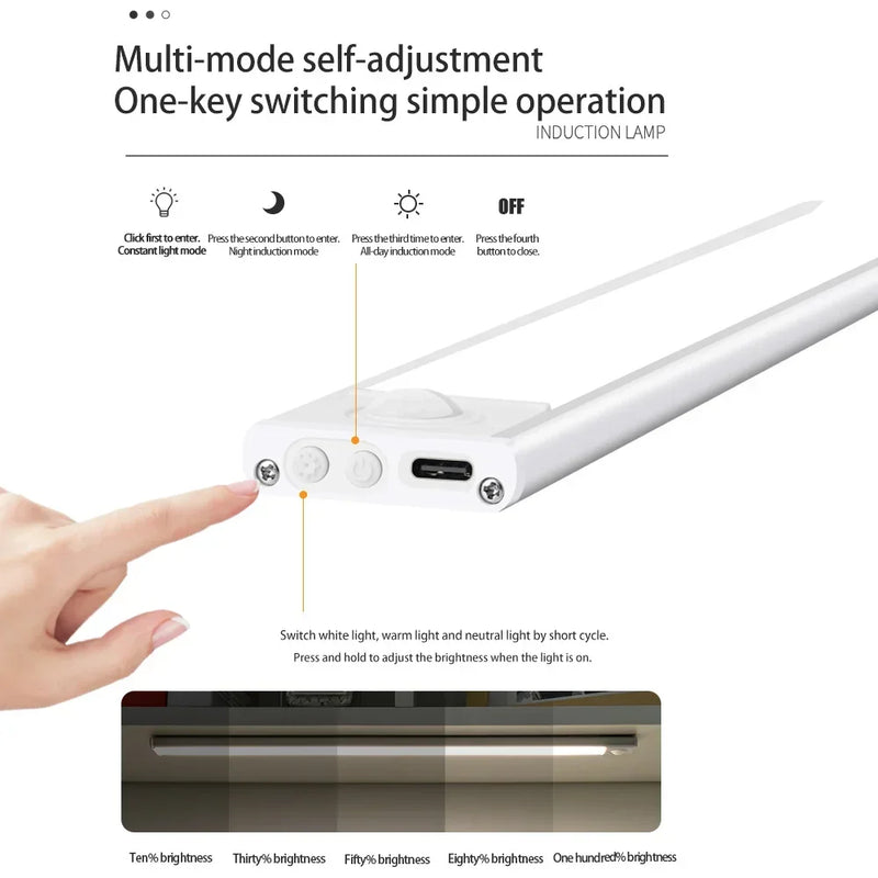 Luz noturna LED sem fio com sensor de movimento, Lâmpada para Armário, USB, 20 cm, 30 cm, 40 cm, 60cm
