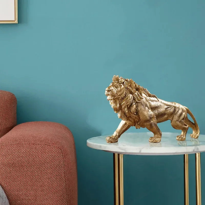 Leão king dourado de resina, ornamento de decoração para casa, escritório, estátua de animal, acessórios de decoração para sala de estar