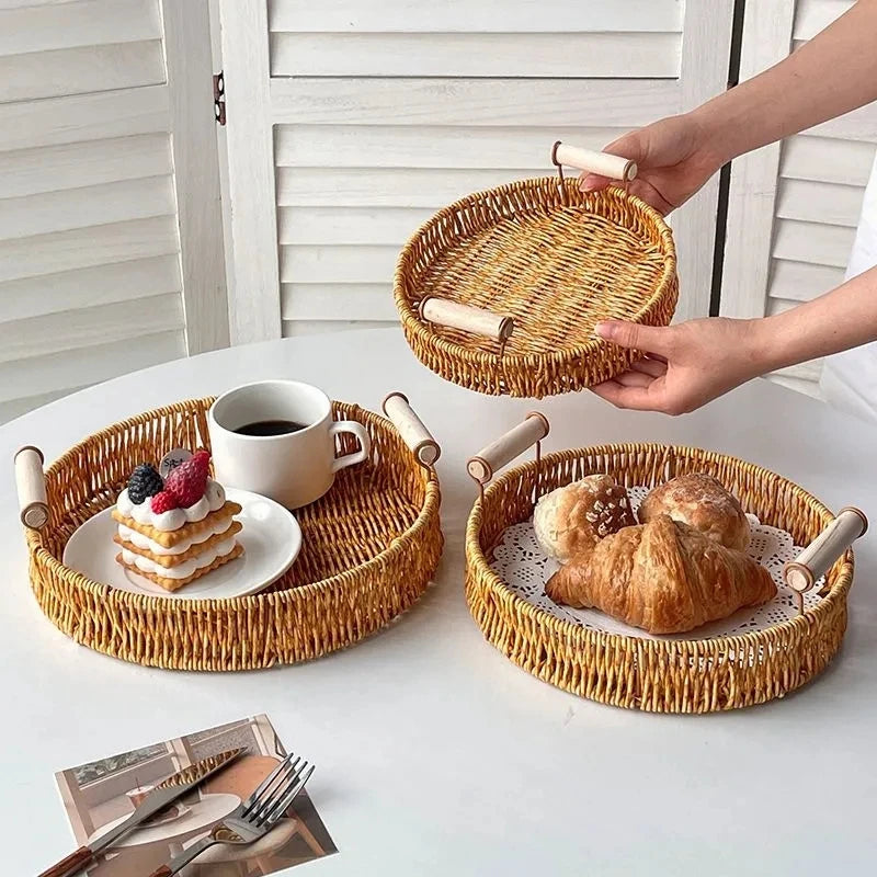 Bandeja Tecida Redonda com Cabo de Madeira, Cesta De Armazenamento Para Frutas, Café Da Manhã, Bebidas, Lanche, Mesa, Diversos, Organizador, Pratos De Pão