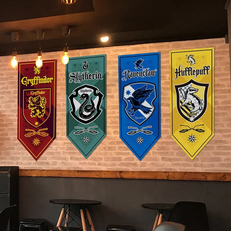 Bandeira temática Harry Potter, filme de Hogwarts, decoração de festa interior, brinquedos infantis presentes, Sonserina, Grifinória, Lufa-Lufa, Corvinal