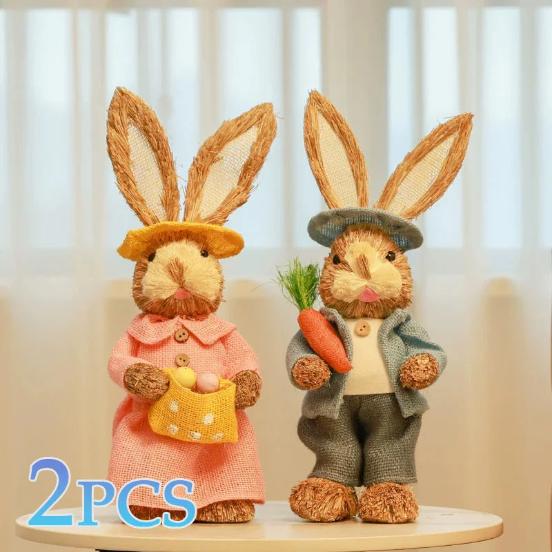 2PCS New Cute Straw Rabbits Bunny Decorations Easter Party Home Garden Wedding Ornament Photo Props Crafts 35cm Cute Home Decor