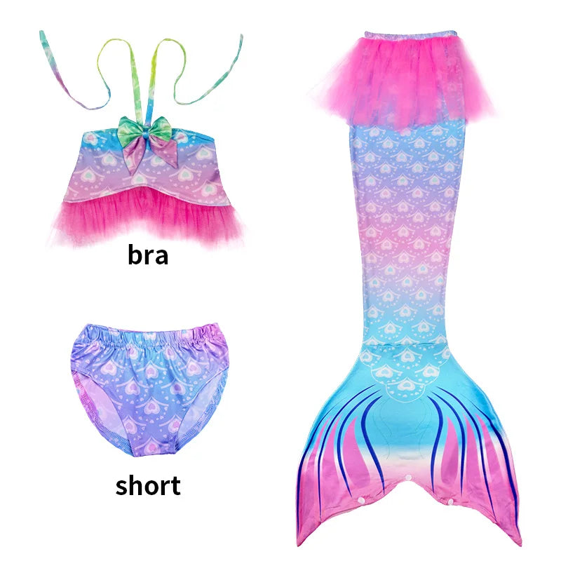 Conjunto de 3 Peças de Fantasia de Sereia para Meninas - Maiô Infantil para Festa na Piscina e Cosplay (4 a 13 anos)