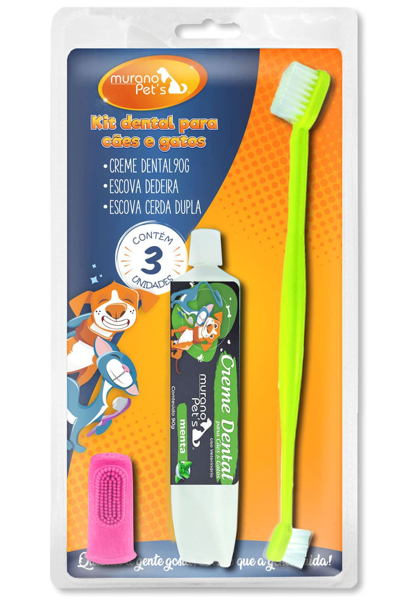 Kit Dental Creme Dental Menta, Escova e Dedeira para Cães e Gatos